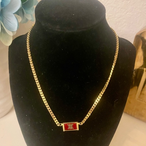 CELINE Vintage Macadam Gold Necklace with Red Enamel Triomphe Logo